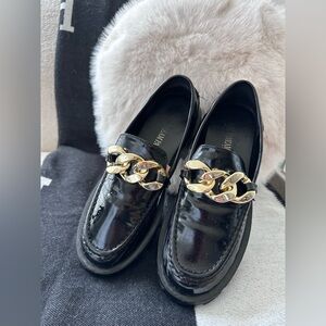 Glossy Black Loafers with Gold Chain